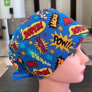 Superhero Comics Words Scrub Cap Euro Style for Women, Nurses and Doctors with Ribbon Ties or Toggle Cord Lock image 2