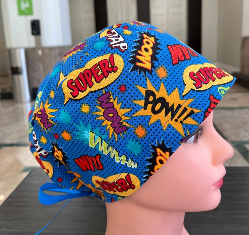 Superhero Comics Words Scrub Cap Euro Style for Women, Nurses and Doctors with Ribbon Ties or Toggle Cord Lock image 2