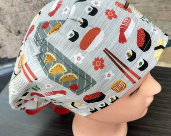 Sushi Scrub Cap, Euro Style With Ribbon Ties or Toggle Cord Lock