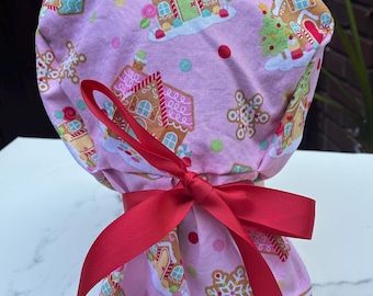 Pink Gingerbread House Ponytail Christmas Scrub Cap