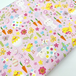 Easter Bunnies and Carrots Fabric, Pink Cotton