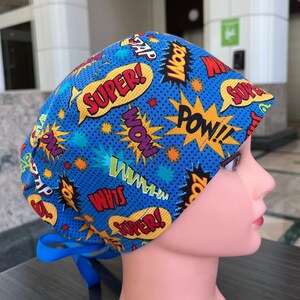 Superhero Comics Words Scrub Cap Euro Style for Women, Nurses and Doctors with Ribbon Ties or Toggle Cord Lock image 3