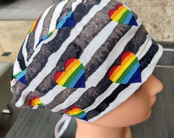 Rainbow Hearts and Grey Stripes, Euro Style, Women's Nurse's and Doctor's Surgical Scrub Cap