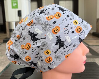 Witches and Jack O Lanterns Halloween Scrub Cap Euro Style for Women, Nurses and Doctors with Ribbon Ties or Toggle Cord Lock