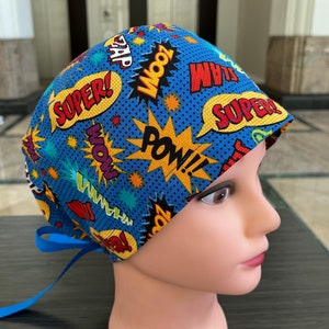 Superhero Comics Words Scrub Cap Euro Style for Women, Nurses and Doctors with Ribbon Ties or Toggle Cord Lock image 5