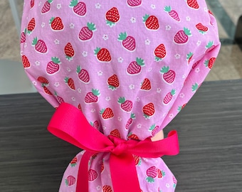 Pink Strawberry Scrub Cap Ponytail Style