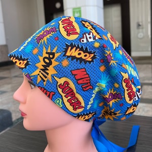 Superhero Comics Words Scrub Cap Euro Style for Women, Nurses and Doctors with Ribbon Ties or Toggle Cord Lock image 1