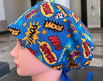 Superhero Comics Words Scrub Cap Euro Style for Women, Nurses and Doctors with Ribbon Ties or Toggle Cord Lock