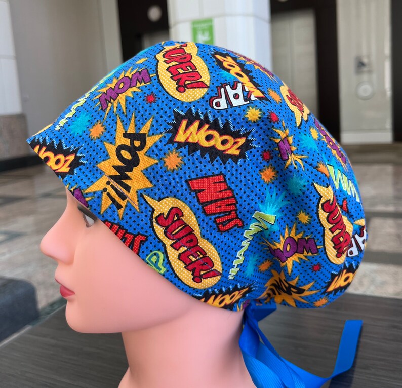 Superhero Comics Words Scrub Cap Euro Style for Women, Nurses and Doctors with Ribbon Ties or Toggle Cord Lock image 1