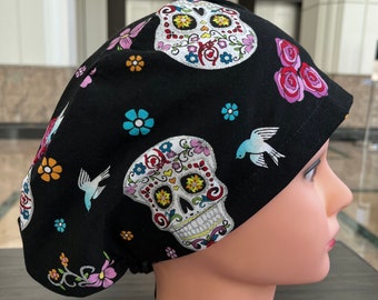 Metallic Flowers and Skull Scrub Cap