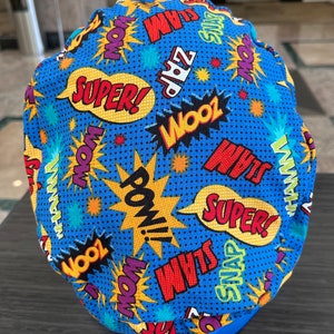 Superhero Comics Words Scrub Cap Euro Style for Women, Nurses and Doctors with Ribbon Ties or Toggle Cord Lock image 4