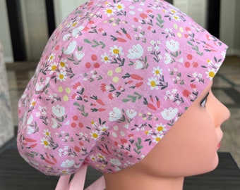 Pink Easter Floral Scrub Cap with Ribbon Ties or Toggle cord lock