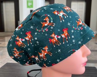 Christmas Scrub Cap, Reindeers on Green Euro Style