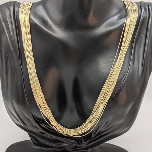 Southwestern 30-strand Liquid Silver 925 Gold Wash Sterling Silver Necklace Signed by QT Quoc 30” Long 41.6 Grams Heavy