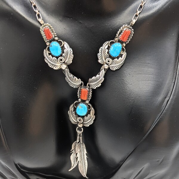 Rare Sterling Silver Vintage Navajo Turquoise Coral Feather 3-Pendant Signed 925 Statement Necklace 19.5 grams