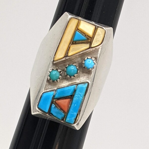 Zuni Southwestern Signed by Judy Wallace Sterling Silver Turquoise Coral MOP 925 Statement Ring Size 12 Unisex