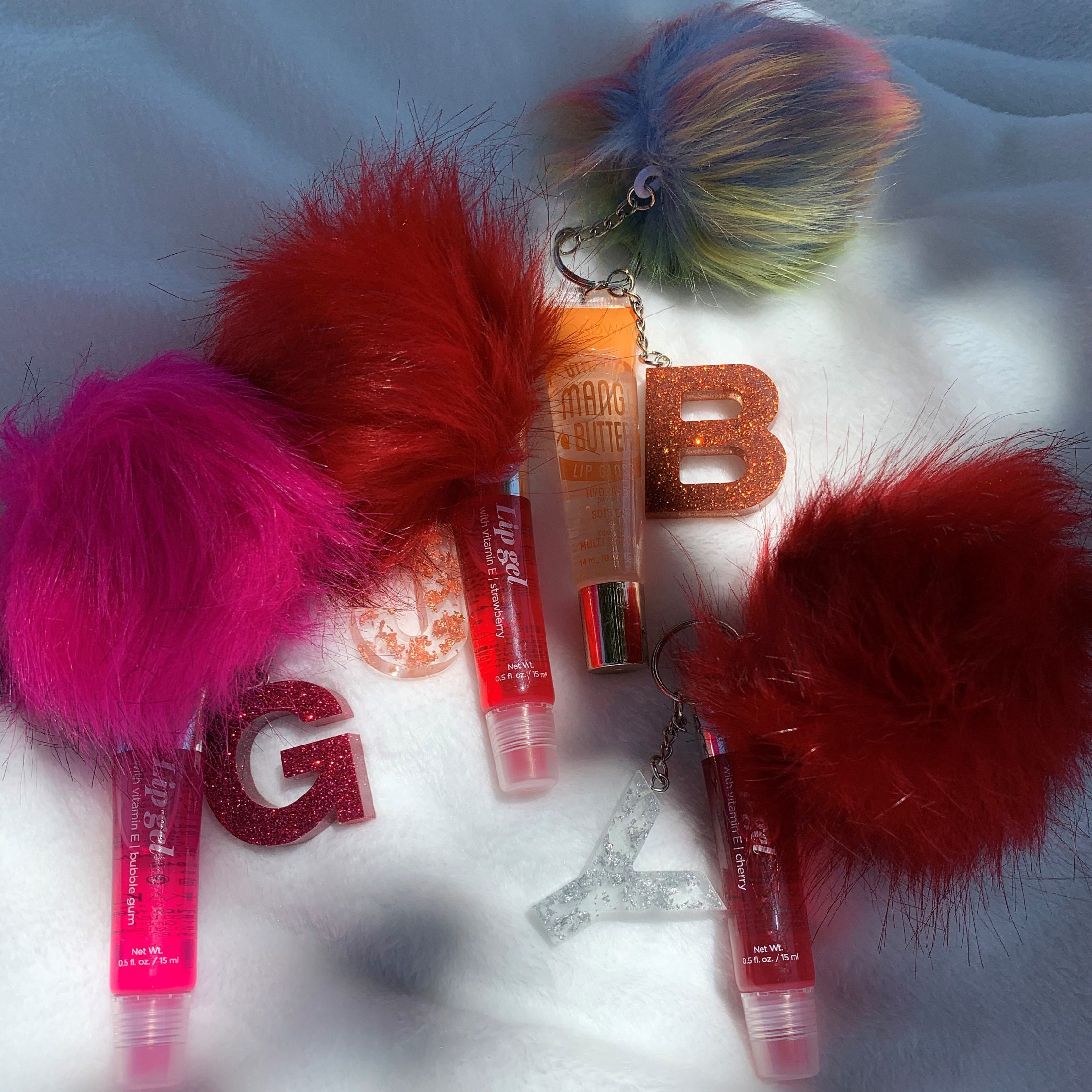 TwinkieCreationsShop Custom Lip Gloss Bundle Keychain | Bundle Keychain | Custom Resin Keychain | Pom Pom Keychain | Lip Gloss Keychain | Alphabet Keychain