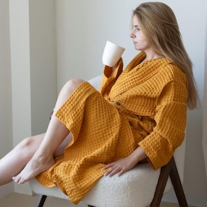 Badrock i våffelmönstrad ekologisk bomull, lång morgonrock, morgonrock med huva för kvinnor och män