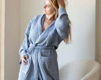 Türkischer Baumwoll-Waffel-Kapuzenmantel, Unisex-Spa-Kimono