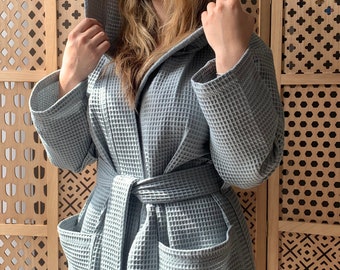 Weicher Baumwoll-Waffel-Kapuzenmantel - Unisex Kimono-Bademantel