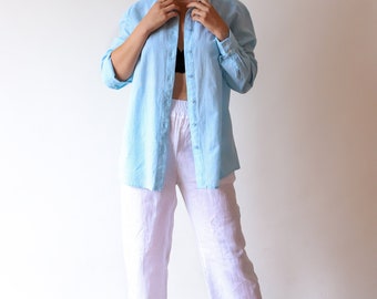 Pantaloni larghi in lino bianco, pantaloni con elastico in vita