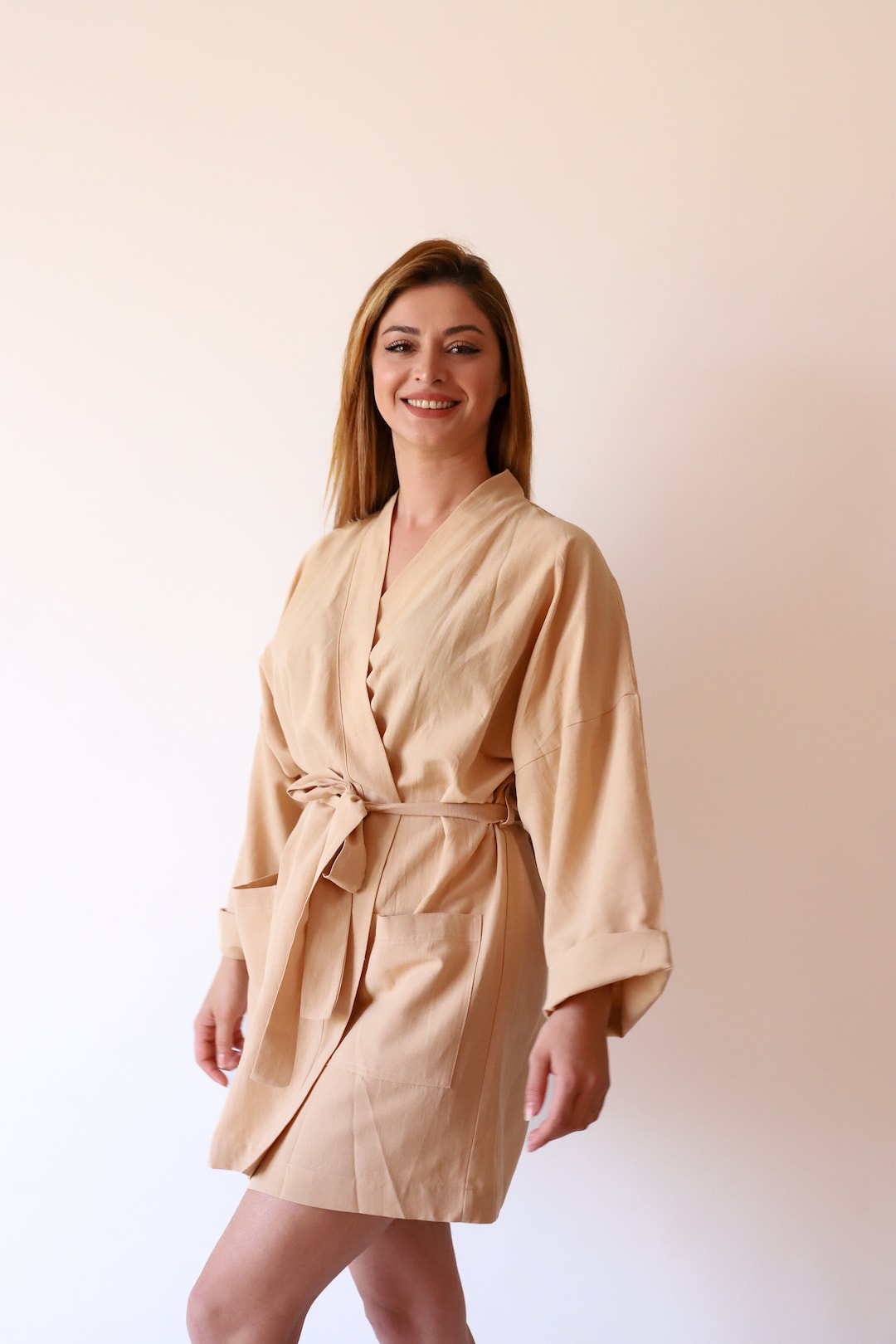 Beachwear Floral Cotton Kimono Beige Color Long Gown Robe Kimono Duster Robe