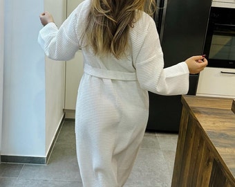 White Waffle Bathrobe, Absorbent Garment, Comfortable Bathrobe Made of Organic Cotton, Soft Bathrobe, Kimono Spa Robe for Adults