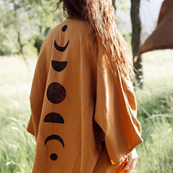 Muslin Kimono Jacket - Moon Phases Print - Women's Celestial Cardigan & Summer Beach Cover Up