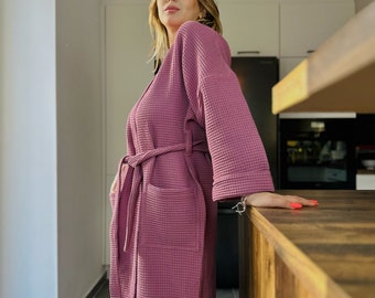 Dusty Pink Waffle Robe with Pockets, Organic Cotton Loungewear for Women, Bachelorette Party Robes, Long Dressing Gown