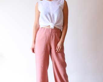 Women  Elastic Waistband Pants in Tencel and Linen Blend, Summer Casual Pants, Women Wide Leg Pants, Festival Pants