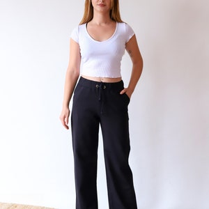 Black Cotton Stretch Pants, Yoga Pants, Straight Leg Pants, High-Waisted Cotton Pants, Elastic Waist Pants