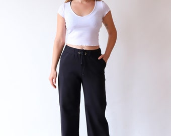 Black Cotton Stretch Pants, Yoga Pants, Straight Leg Pants, High-Waisted Cotton Pants, Elastic Waist Pants