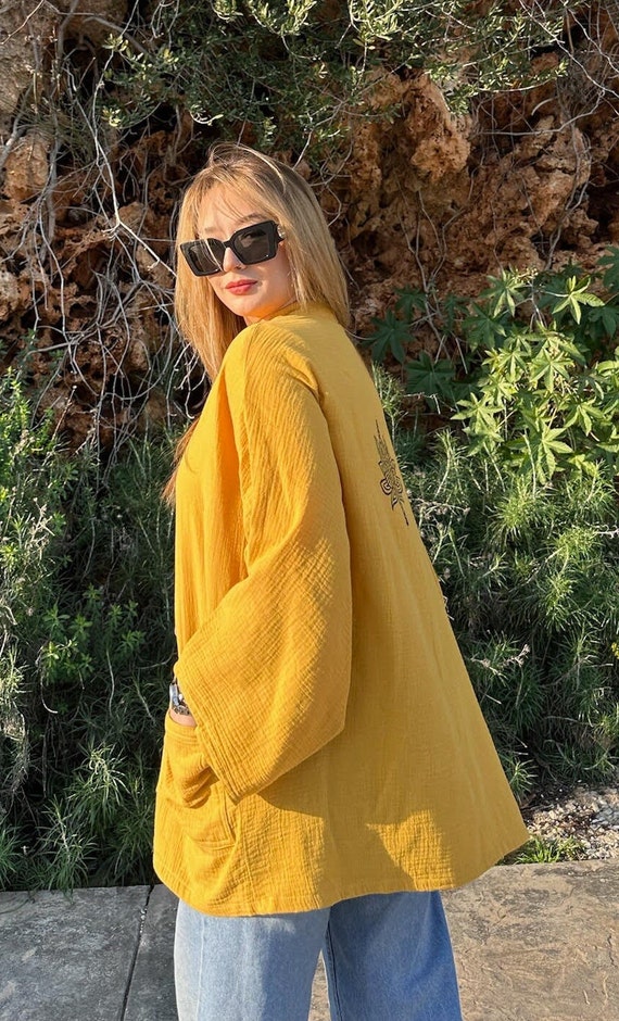 Womens Kimono Yellow Kimono Cardigan Boho Woodblock Kimono Jacket
