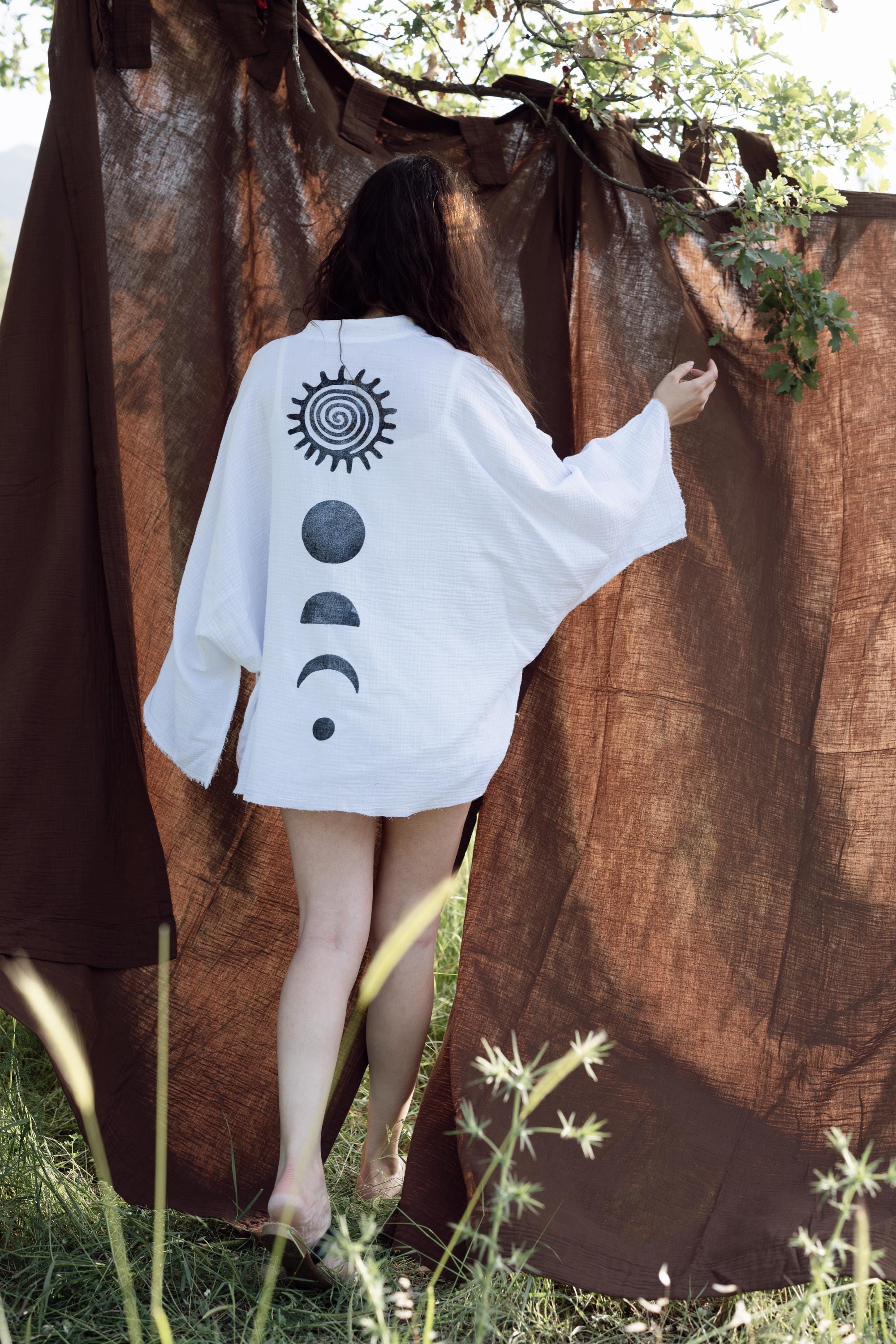 Celestial Block Print Kimono Jacket - Organic Cotton Beach Cover Up & Boho Festival Cardigan