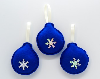 Set of 3 Felt Baubles|Dark Blue Christmas Decoration|Xmas Hanging Ornament|Tree Hanging Decor|Christmas Tree Accent|Handmade Bauble Set