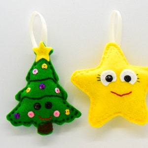 Set of 2 Felt Hanging Decorations|Twin Pack of Christmas Tree Decor|Star|Cute Christmas Tree|Indoor Handmade Ornaments|Winter Festive Decór