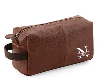 Toiletry bag personalized leather look gift birthday accessories men small gift brown cosmetic bag