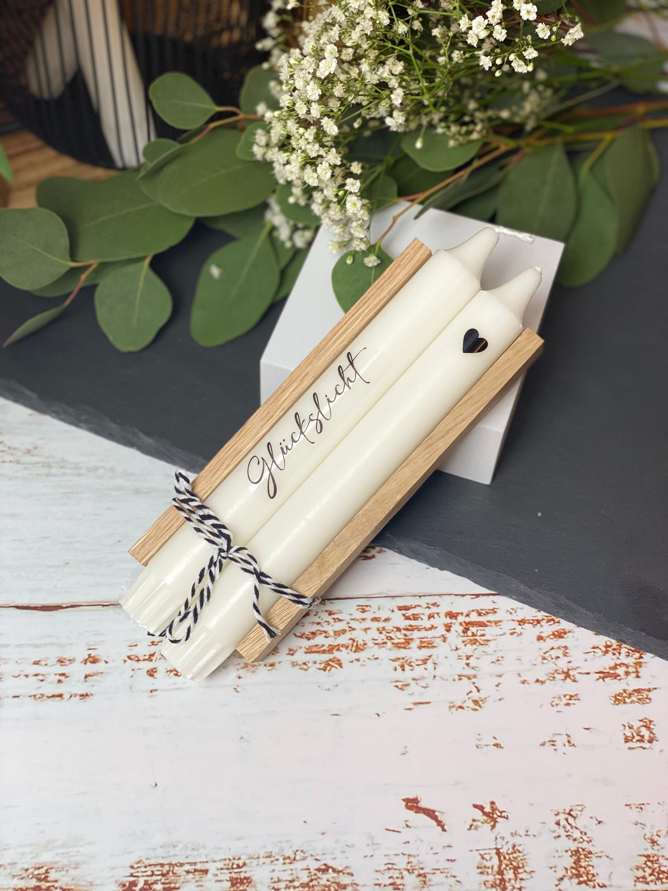 2x Kerze mit Spruch personalisiert, Holzbox, Botschaft, Stabkerze...