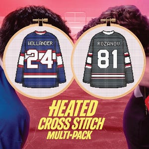 May include: The image showcases two cross-stitch hockey jerseys in embroidery hoops. One is blue with the name "HOLLANDER" and number "24", the other is gray with "ROZANOU" and "81". The text "HEATED CROSS STITCH MULTI-PACK" is displayed below.