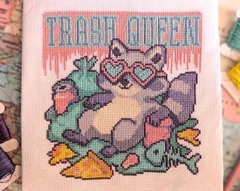 Raccoon Trash Queen Cross Stitch Pattern Funny Animal Subversive Embroidery Digital Download PDF
