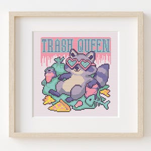 Padrão de ponto cruz da Rainha do Lixo Guaxinim, bordado subversivo de animal engraçado, download digital em PDF