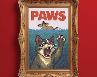 PAWS JAWS Cross Stitch Pattern PDF Movie Poster Cat Lover Spoof Funny Digital Download