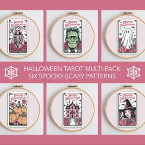 May include: Six Halloween-themed cross-stitch patterns displayed in wooden hoops. Each design features a spooky character or scene, including a skeleton, Frankenstein's monster, a ghost, pumpkins, a haunted house, and a witch. The text "Happy Halloween" is included.