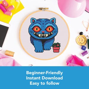 kpop demon hunters cross stitch pattern featuring derpy the tiger fan art pdf digital embroidery silly billy cross stitch chart colourful funny tiger design geeky hoop art beginner friendly project inspired by movie characters huntrix and saja boys includes dmc floss list colour and black and white charts instant download quirky handmade gift embroidery file perfect for kpop stan fandom cosplay anime lovers and movie themed wall art