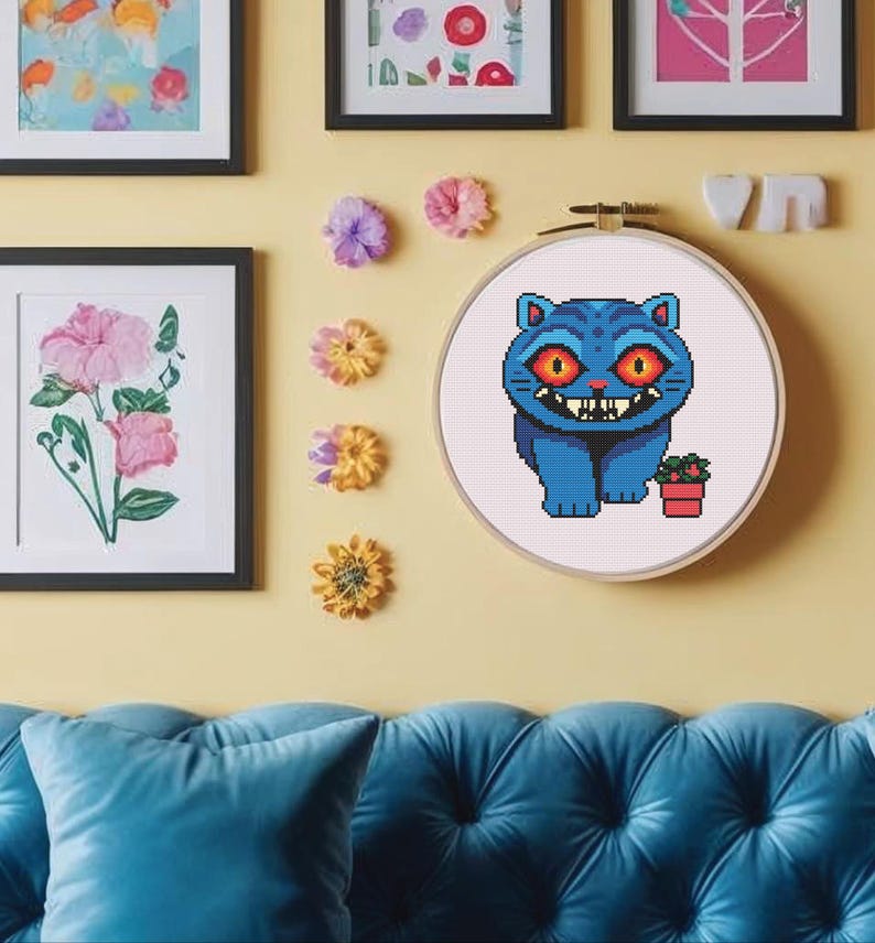 kpop demon hunters derpy the tiger cross stitch pattern pdf silly billy cross embroidery fan art file funny quirky tiger character hoop art colourful geeky stitch design digital download embroidery chart with dmc floss list and skein guidance includes colour and black and white charts perfect for kpop stans who love movie characters huntrix and saja boys cosplay fans anime nerdy collectors and handmade gift embroidery