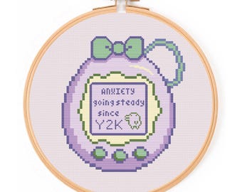 Tamagotchi Cross Stitch Pattern: Funny Y2K Anxiety Embroidery (Digital PDF)