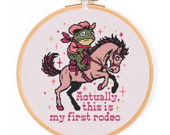 Cowboy Toad Cross Stitch Pattern: Actually, This Is My First Rodeo, Pink (Digital PDF)