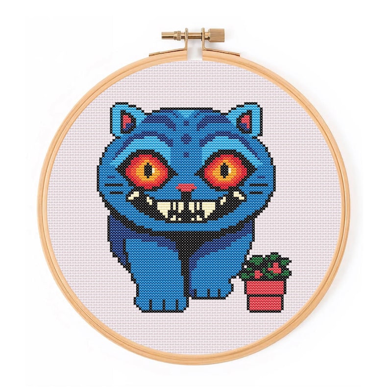 derpy the tiger cross stitch pattern pdf inspired by kpop demon hunters movie silly billy cross fan art design digital download embroidery chart includes dmc floss list colour and black and white versions perfect for kpop stans who love characters like huntrix and saja boys funny quirky hoop art geeky stitch project great for cosplay fans movie memorabilia collectors and handmade gifts colourful meme style tiger embroidery for fandom wall decor