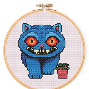 derpy the tiger cross stitch pdf pattern inspired by kpop demon hunters movie character embroidery fan art silly billy cross quirky hoop art colourful meme tiger design geeky digital download embroidery chart includes dmc floss list black and white and colour versions perfect for kpop stan culture fans of huntrix and saja boys cosplay anime geek fandom handmade gift quirky hoop decor