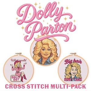 Puede incluir: Un paquete múltiple de punto de cruz con Dolly Parton. El diseño incluye tres patrones de punto de cruz redondos con imágenes de Dolly Parton y las frases "What would Dolly Do?" y "Big hair, don't care."